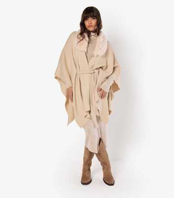 Apricot Curve Stone Faux Fur Collar Poncho 