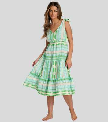 South Beach Green Jacquard Tie Shoulder Midi Dress