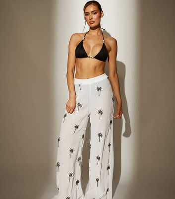 South Beach White Embroidered Wide-Leg Trousers