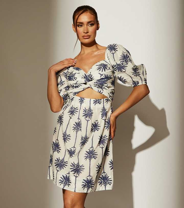 South Beach Blue Palm Tree Print Puff Sleeve Mini Dress
