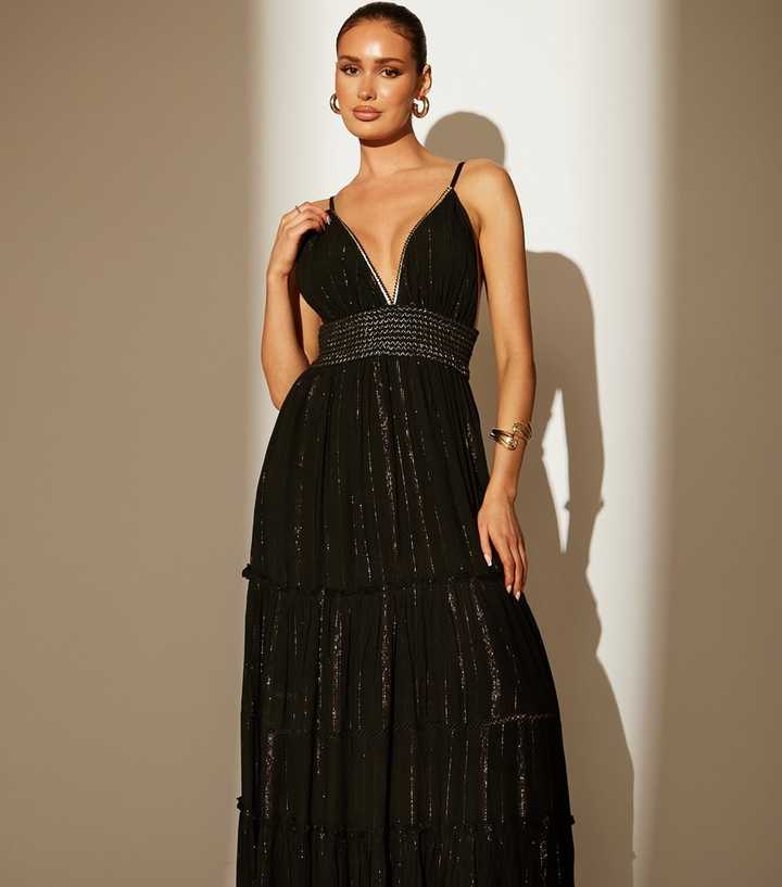 South Beach Black Metallic Stripe Maxi Dress