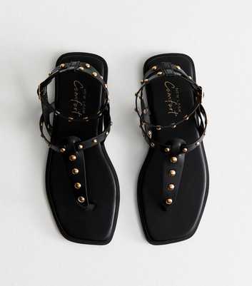 Black Faux Leather Studded Strap Flat Sandals