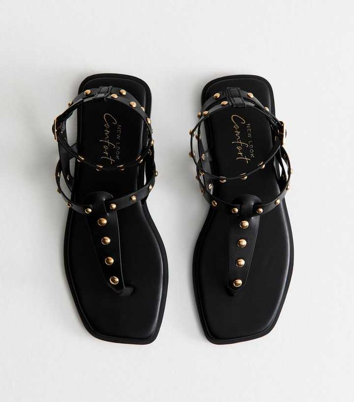 Black Faux Leather Studded Strap Flat Sandals