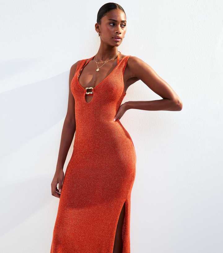 Burnt Orange Metallic Knit Ring Detail Maxi Dress
