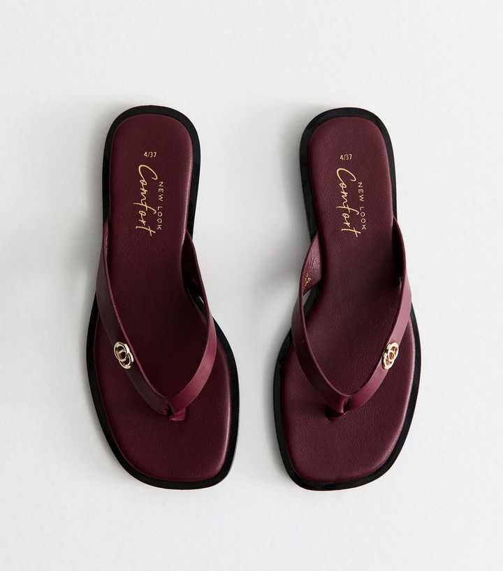 Dark Burgundy Faux Leather Ring Detail Toe Strap Sandals