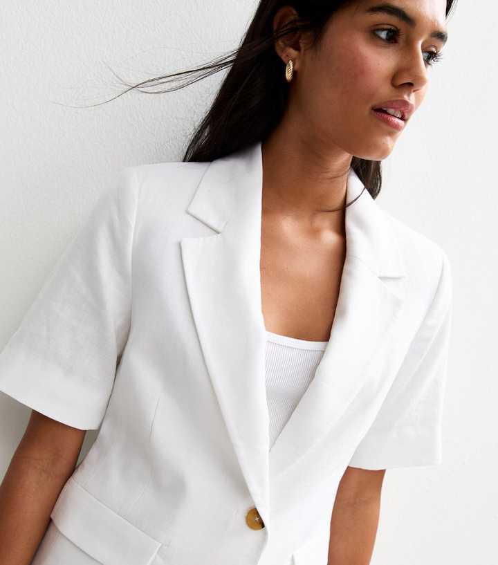 White Linen Blend Short Sleeve Blazer