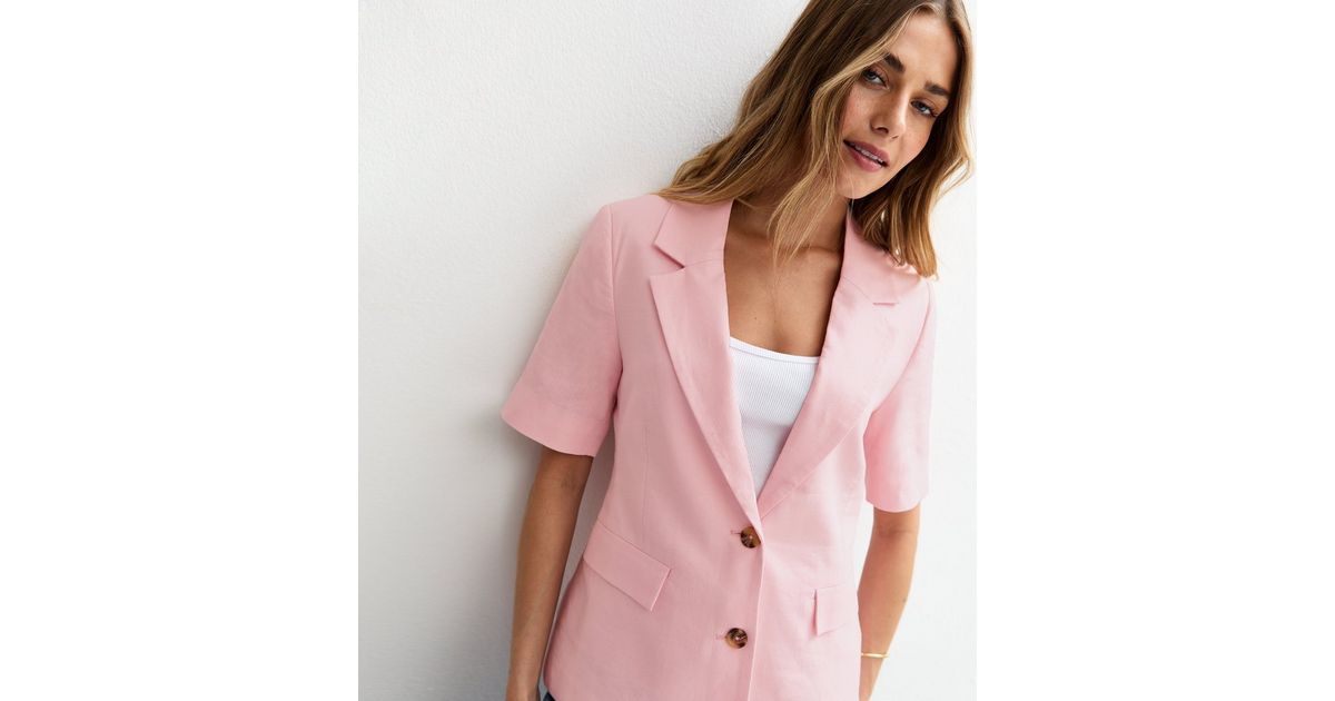 Light Pink Linen Blend Short Sleeve Blazer New Look