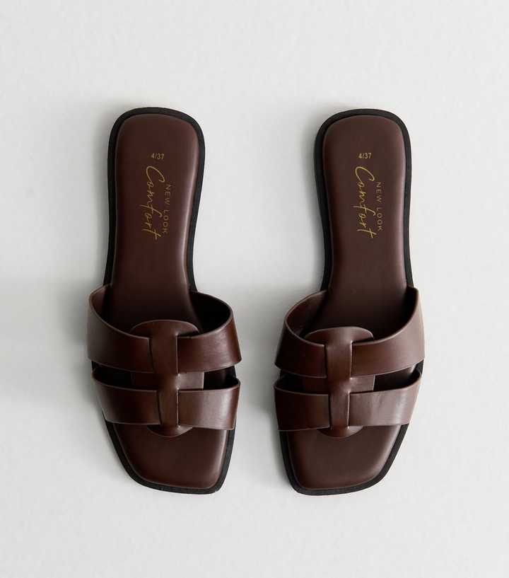 Dark Brown Faux Leather Woven Straps Mule Sandals