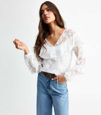 White Floral Embroidered Lace Mesh Blouse