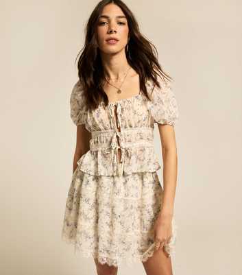 Cream Floral Print Lace Trimmed Tie Front Top