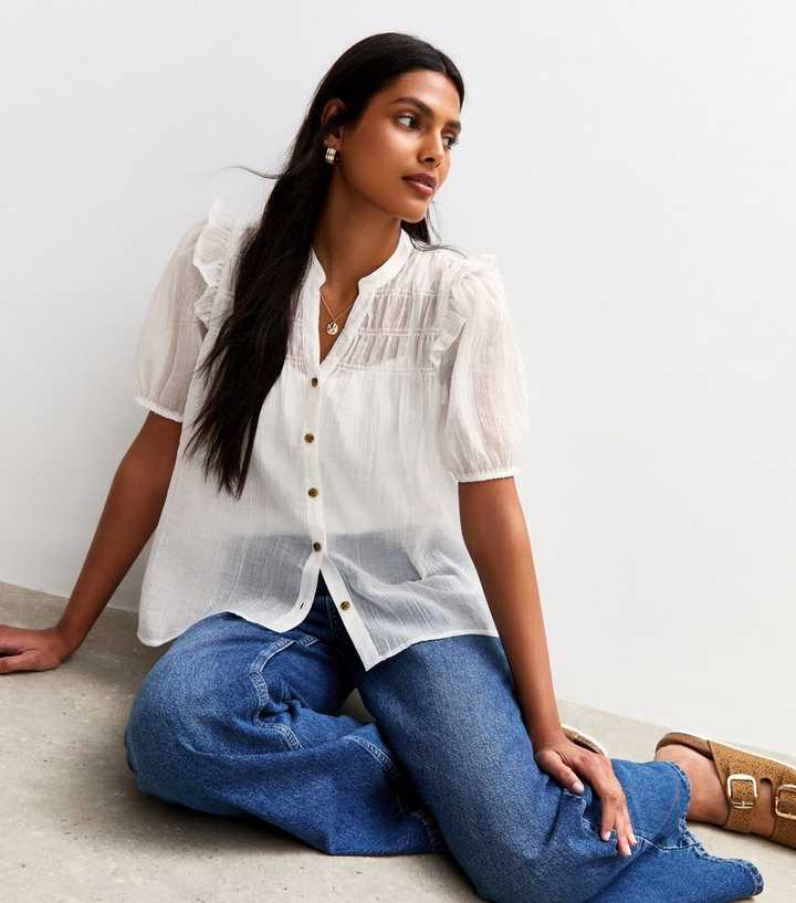 White Shirred Bib Frill Sleeve Shirt