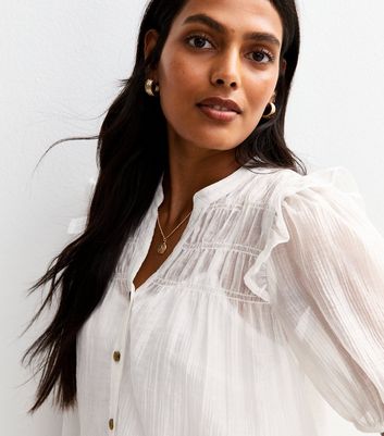 White Shirred Bib Frill Sleeve Shirt | New Look