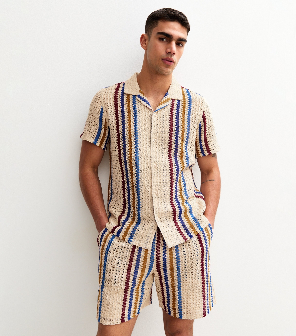 Men's Multicolour Relaxed Textured Stripe Shorts New Look