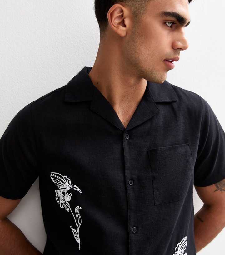 Black Regular Floral Embroidered Short Sleeve Shirt