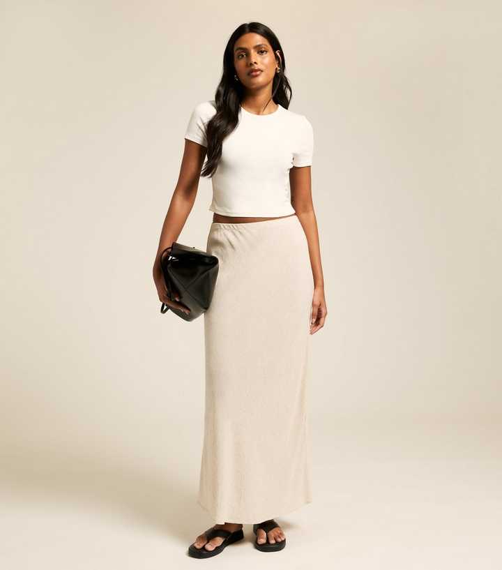 Stone Linen Blend Bias Cut Midi Skirt