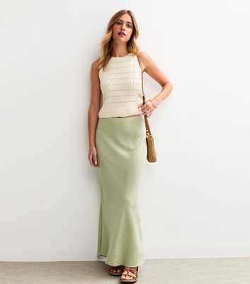 Light Green Linen Blend Bias Cut Midi Skirt