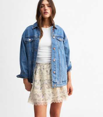 Cream Floral Print Lace Trimmed Mini Skirt