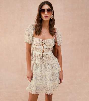 Cream Floral Print Lace Trimmed Mini Skirt
