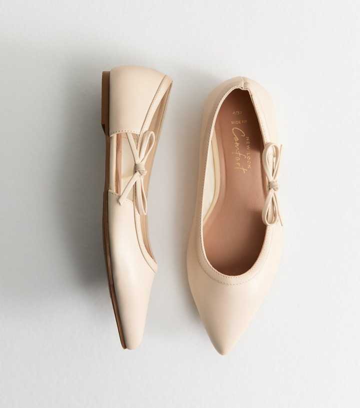 Wide Fit Cream Faux Leather Side Bow Ballerina Flats