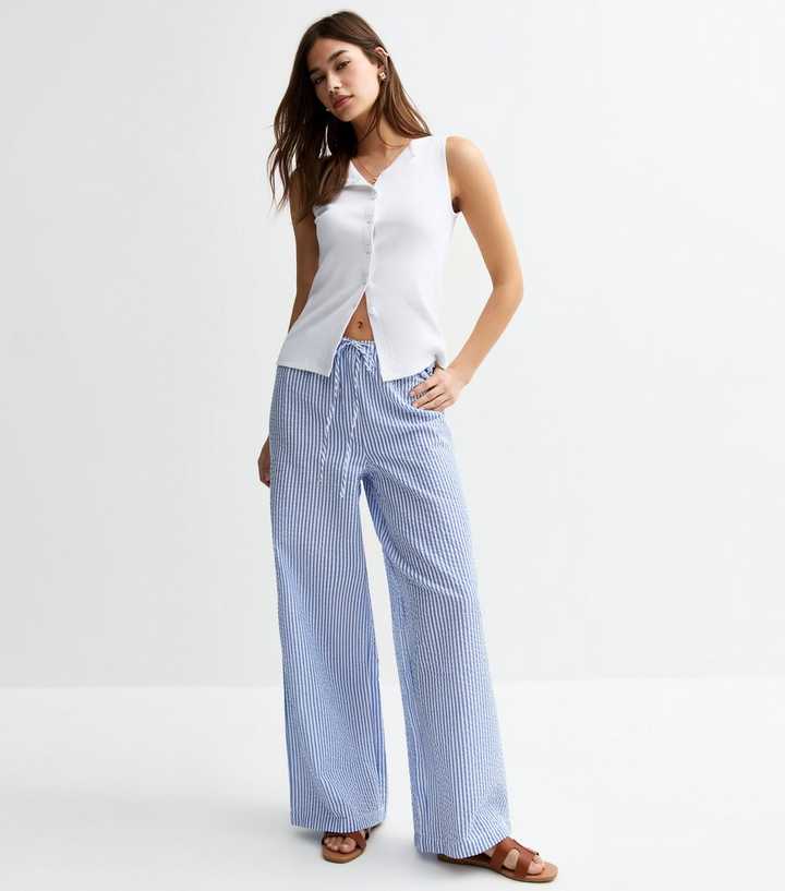 Blue Striped Seersucker Wide Leg Trousers