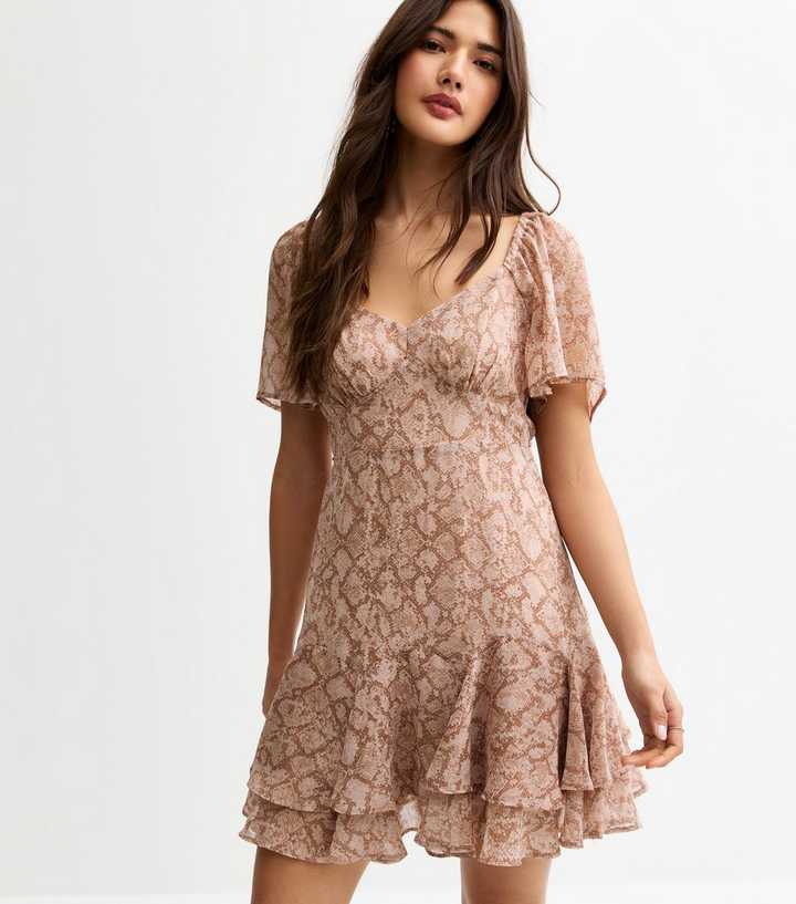 Brown Snake Print Tiered Chiffon Mini Dress