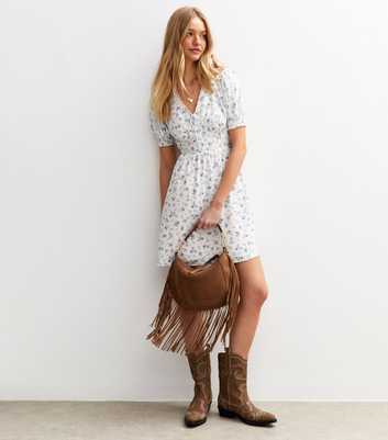 Cream Floral Print Lace Trim Mini Dress