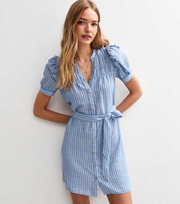 Blue Striped Belted Mini Dress