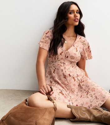 Pink A-Line Cowboy Print Mini Tea Dress