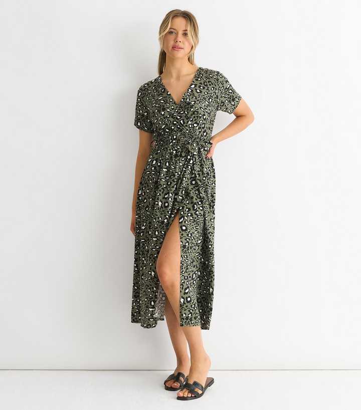 Gini London Khaki Animal Print Wrap Style Midi Dress