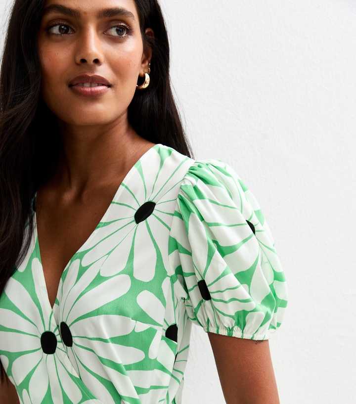 Green Daisy Print Puff Sleeve Midi Dress