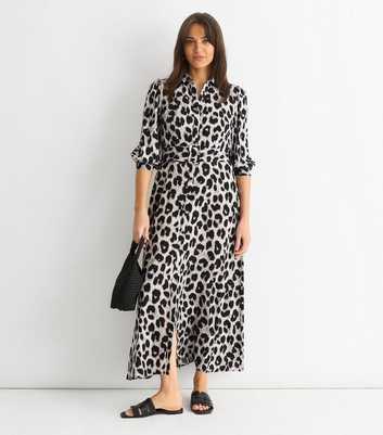 Gini London Light Grey Leopard Print Belted Shirt Maxi Dress