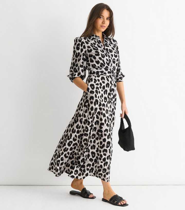 Gini London Light Grey Leopard Print Belted Shirt Maxi Dress | New Look