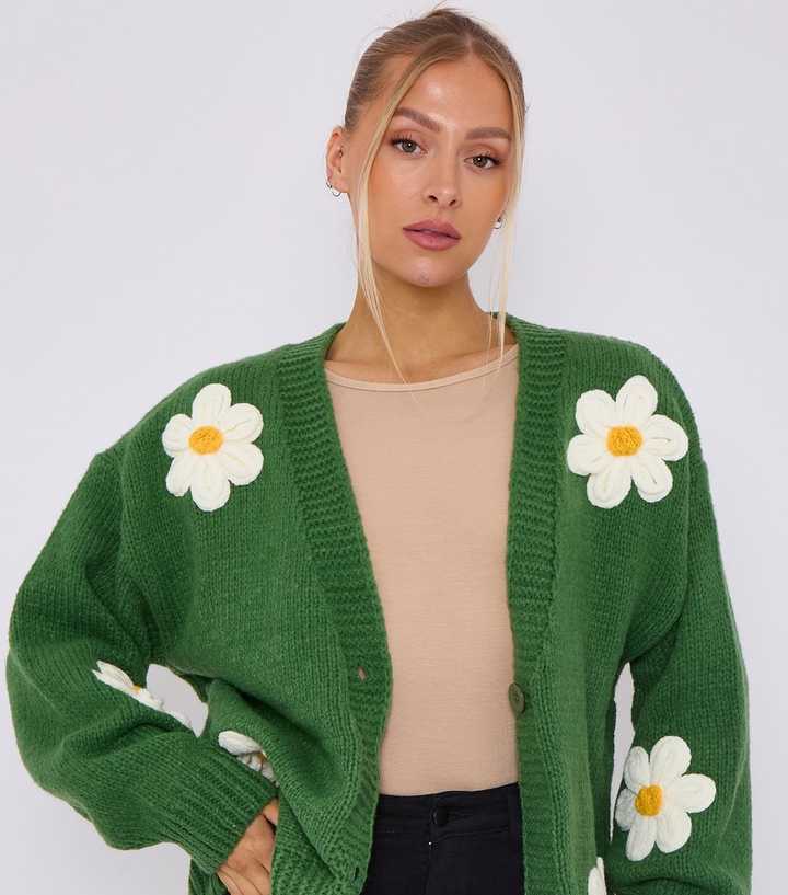 Gini London Green Daisy Embroidered Cardigan