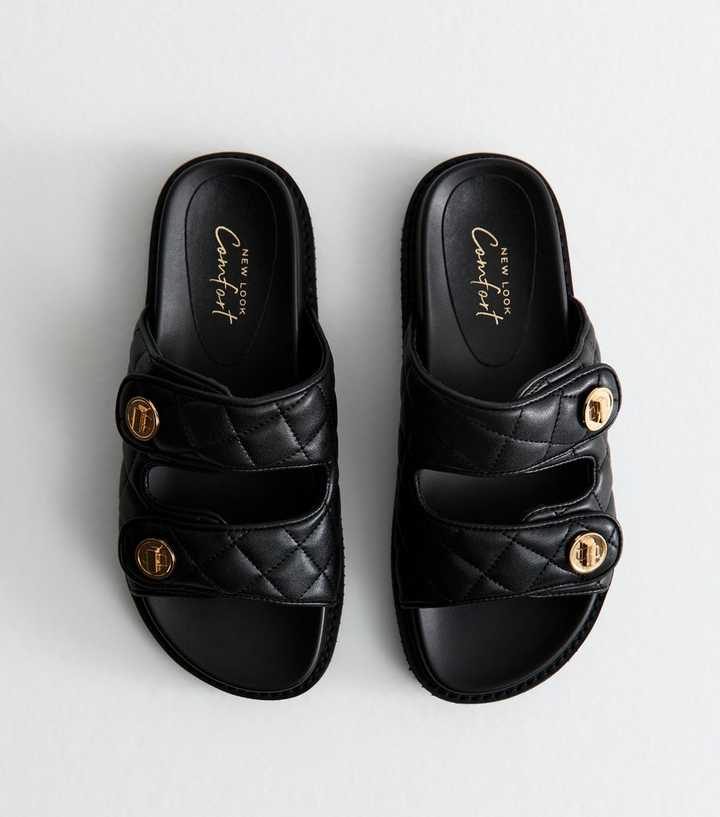 Black Faux Leather Quilted Chunky Sole Sandals