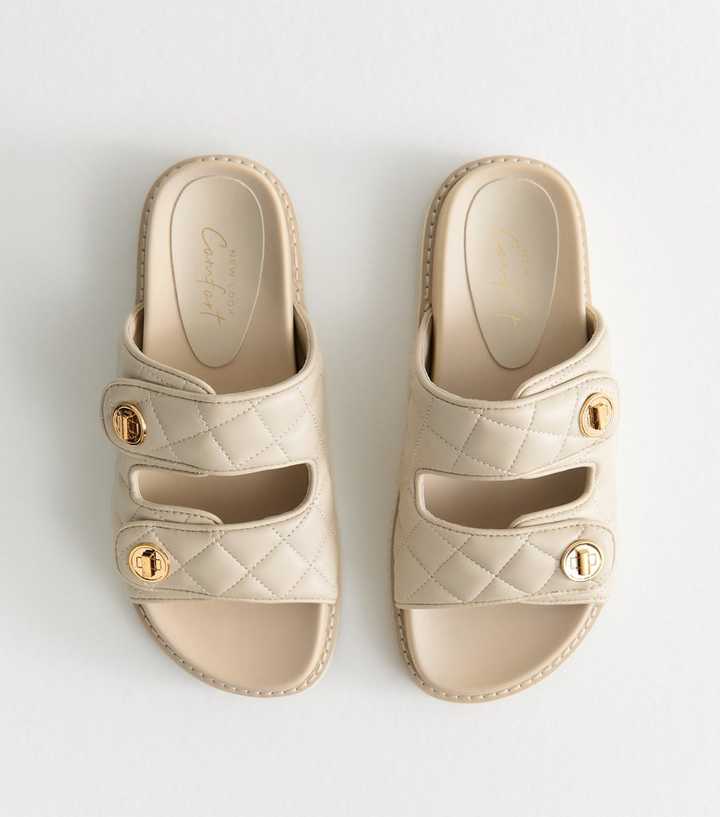 Off White Faux Leather Quilted Chunky Sole Sandals