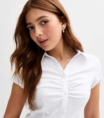 Girls White Ruched Short Sleeve School Shirt