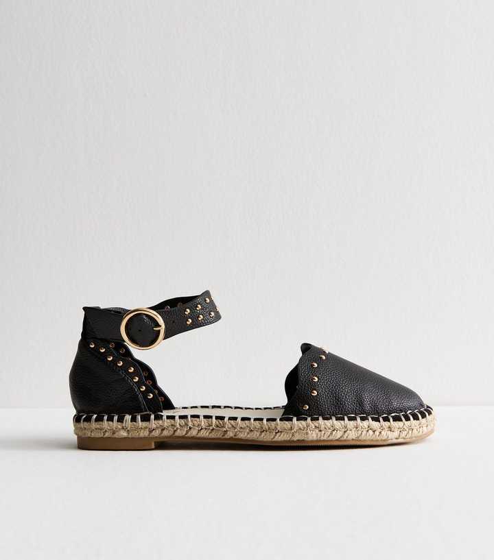 Black Faux Leather Studded Espadrille Shoes