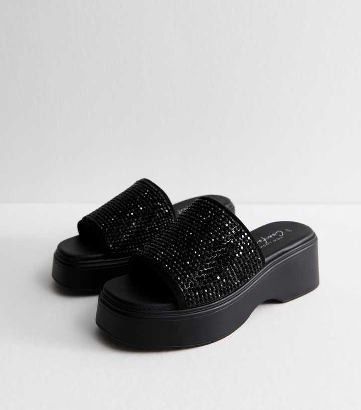 Black Rhinestone Embellished Flatform Mules