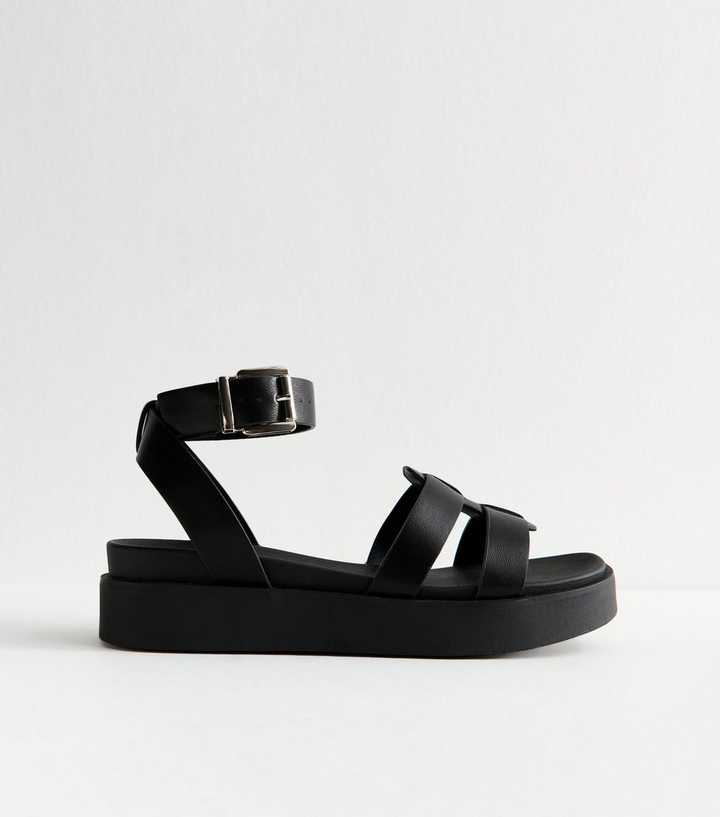 Black Faux Leather Flatform Sandals | New Look
