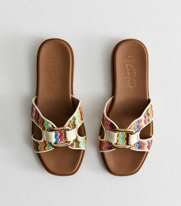 Wide Fit Multicoloured Raffia Look Wave Pattern Mule Sandals