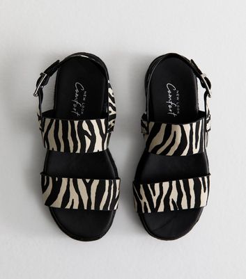 Wide Fit Black Faux Suede Zebra Print Flatform Sandals