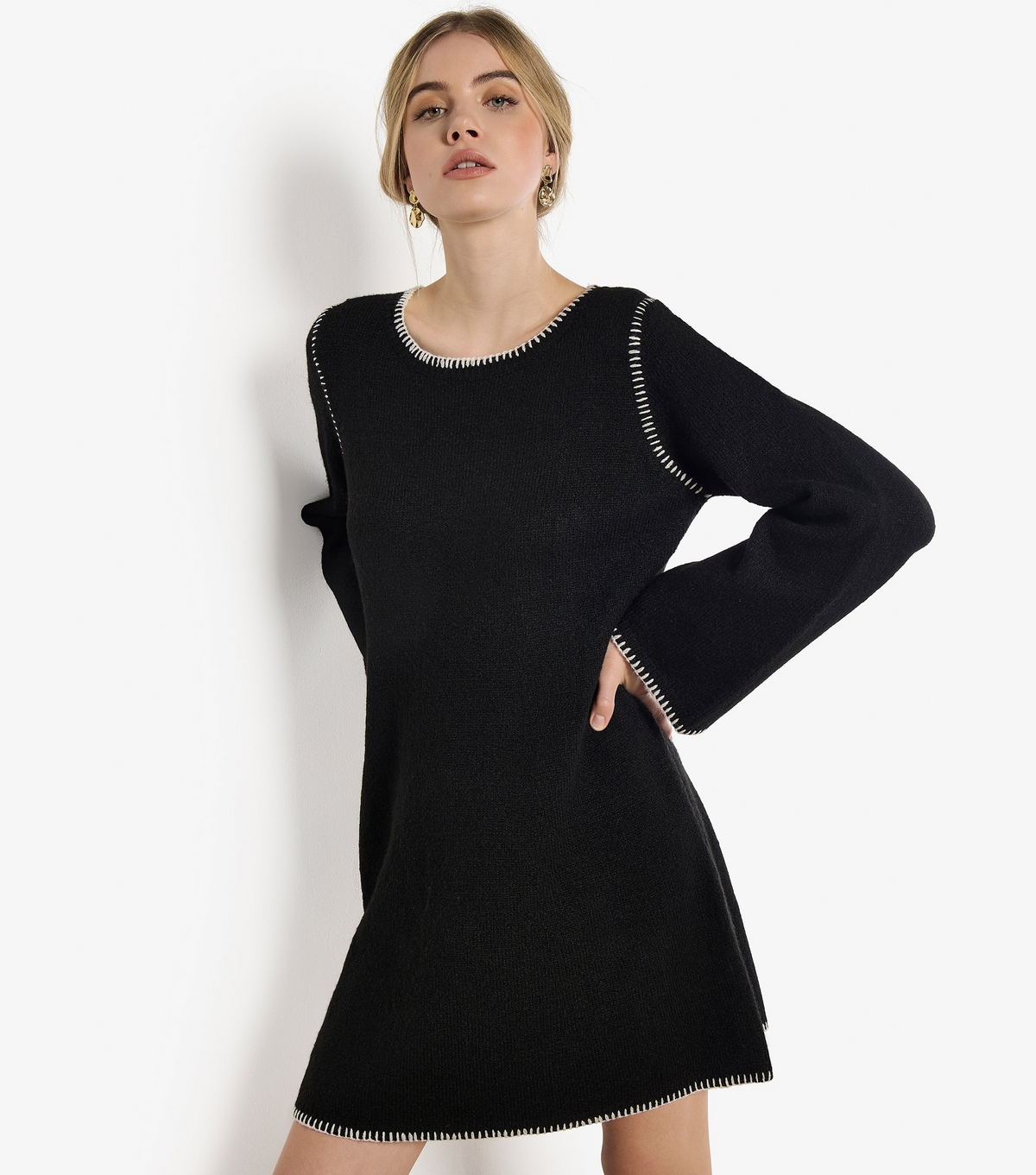 Women's Black Blanket Stitch Knitted Dress Apricot New Look