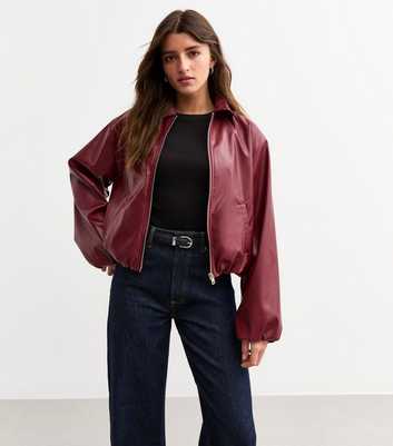 Burgundy Faux Leather Bubble Hem Bomber Jacket