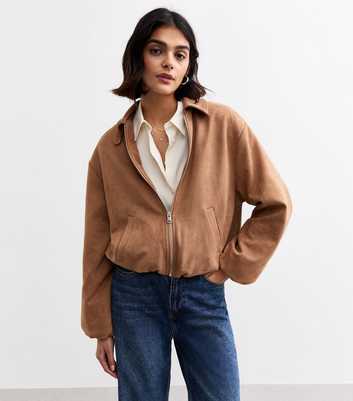 Brown Faux Suede Bomber Jacket