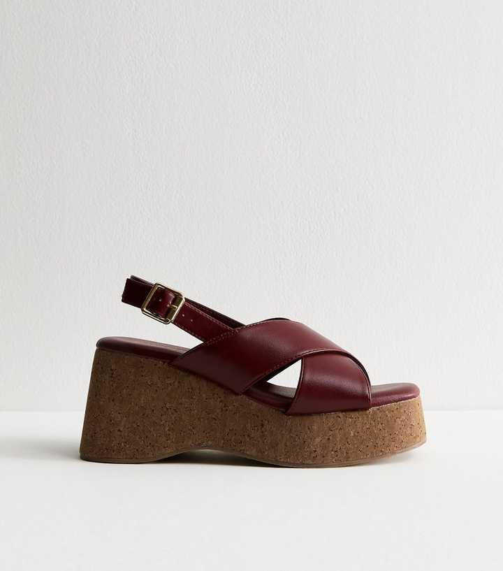 Burgundy Faux Leather Platform Sandals
