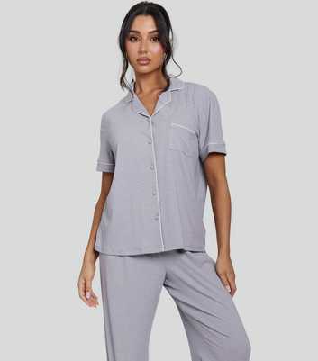 Loungeable Grey Ribbed Short Sleeve Shirt and Trousers Pyjama Set