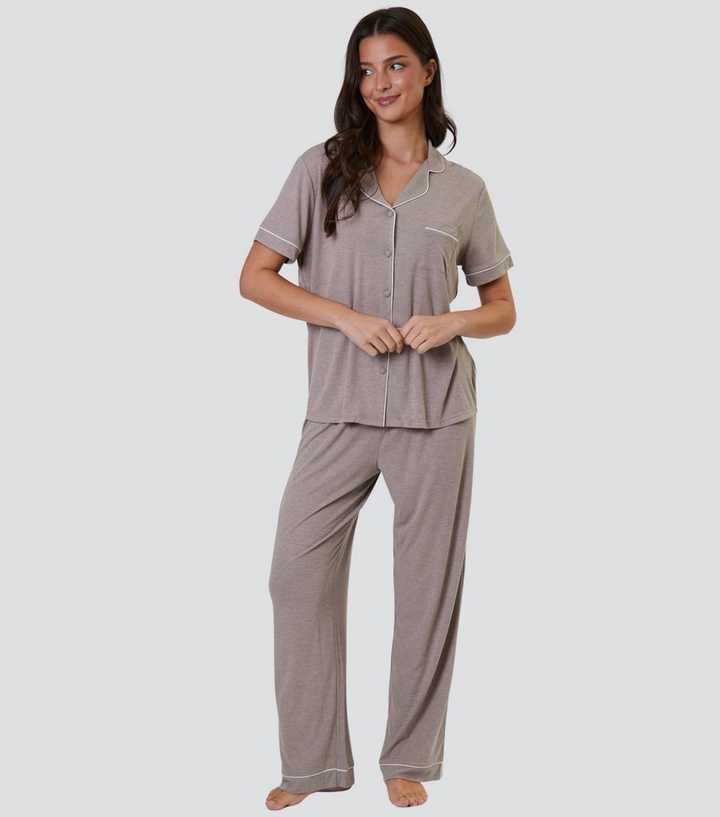 Loungeable Oatmeal Ribbed Short Sleeve Shirt and Trousers Pyjama Set