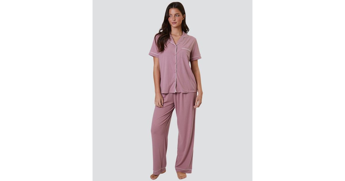 Loungeable Pink Ribbed Short Sleeve Shirt and Trousers Pyjama Set
