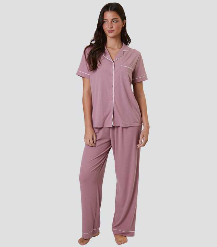 Loungeable Pink Ribbed Short Sleeve Shirt and Trousers Pyjama Set