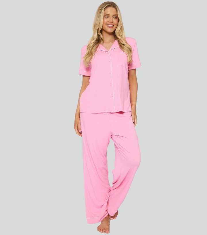 Loungeable Bright Pink Ribbed Shirt And Trousers Pyjama Set